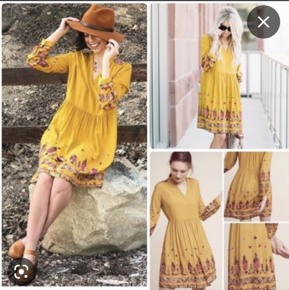Anthropologie Mustard Yellow Embroidered Border Long-Sleeve Dress - Picture 11 of 11